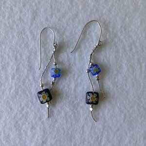 Sterling Silver Millefiori Dangle Drop Earrings